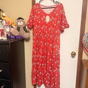 Red Floral Tiered Midi Dress
